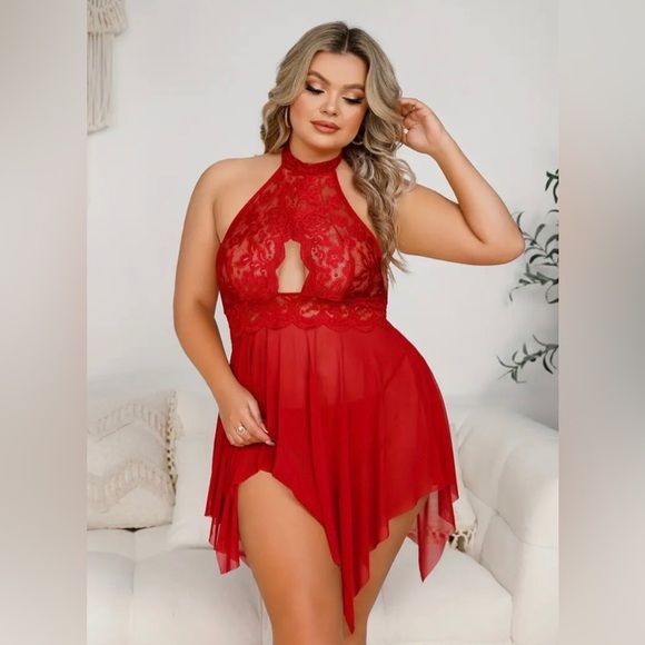 Womens Plus Size 2pc Sexy Red Keyhole Halter Neckline Nightie & Panty Set - Picture 2 of 13